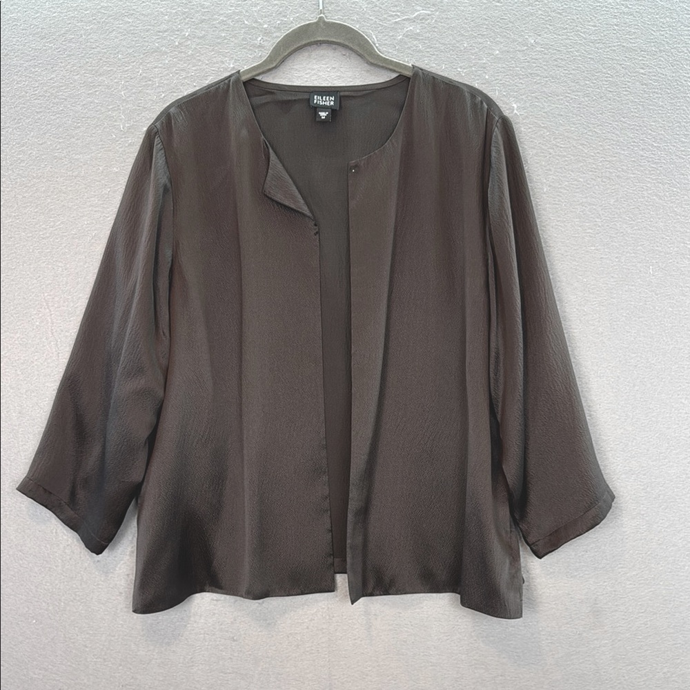 Eileen Fisher - women’s 100% silk dark Brown Open front Jacket 3/4 sleeves top M